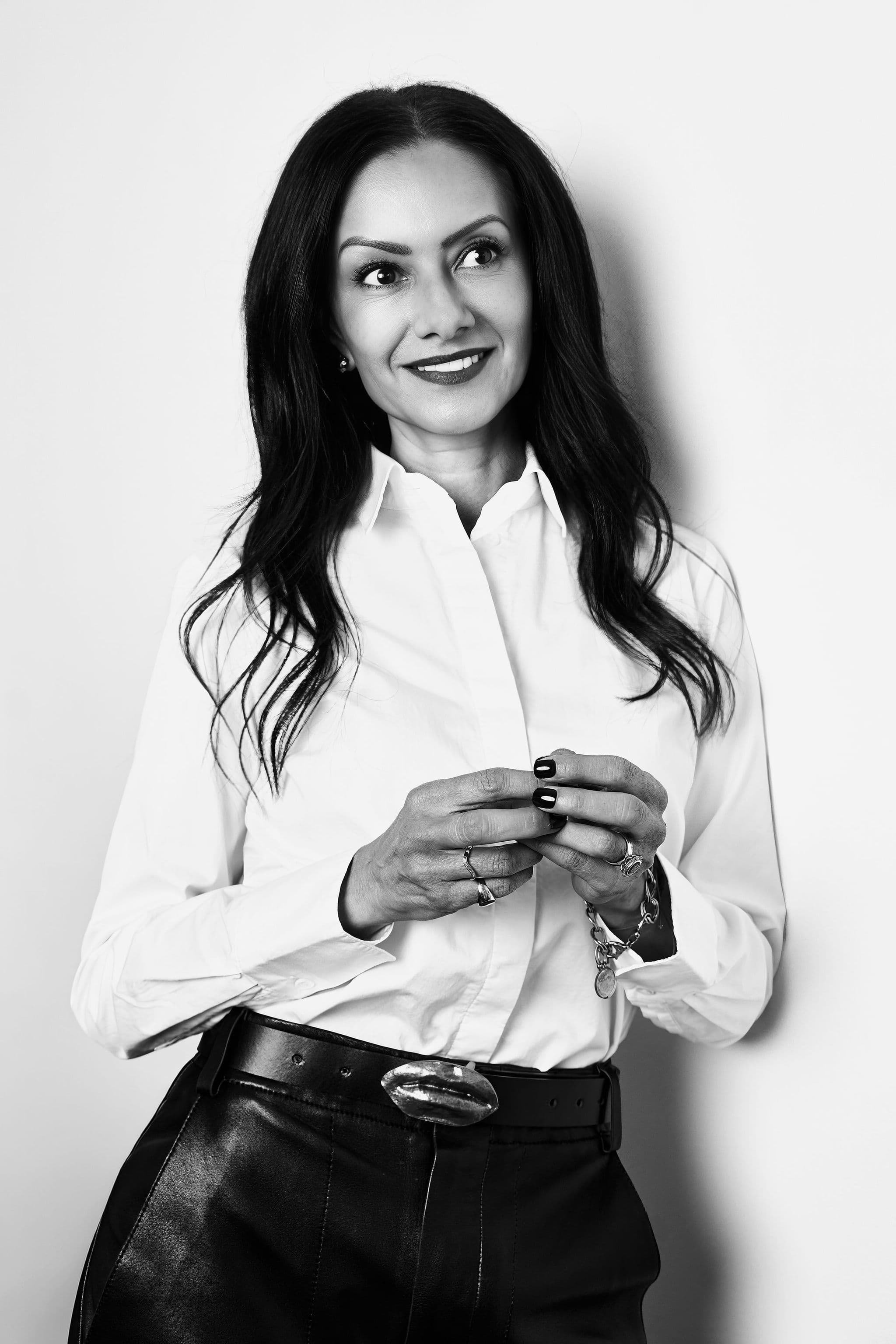Editorial black-and-white portrait of Karina
